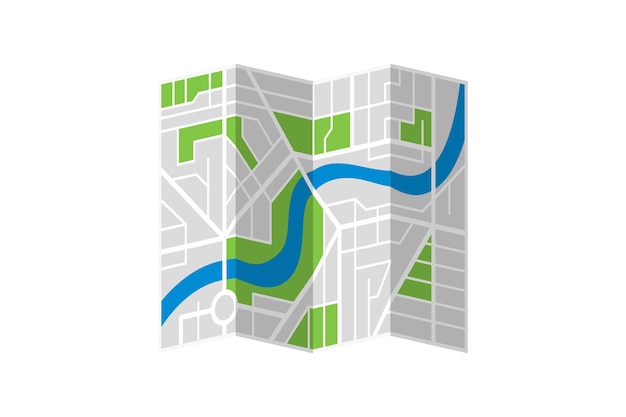 Plano de mapa plegado de calles de la ciudad imaginaria genérica con río. Vector colorido ciudad plana eps ilustración esquema aislado