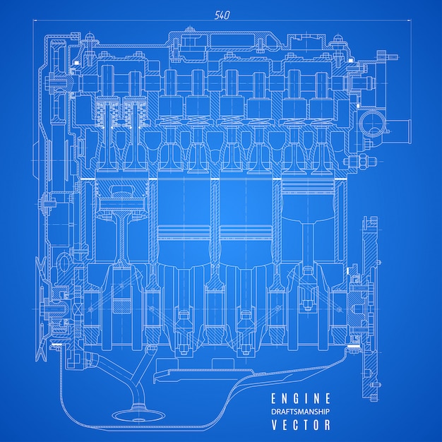 Plano del motor de combustión interna, dibujo técnico sobre el proyecto de fondo azul.