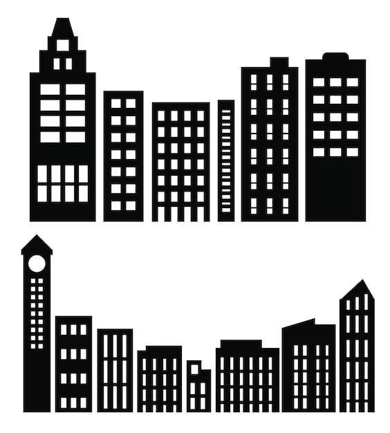 Plano negro paisaje urbano silueta edificios de la ciudad conjunto urbano moderno