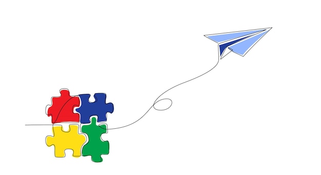 Plano de papel volando conectado con piezas de rompecabezas rompecabezas en estilo de dibujo de línea continua Un solo dibujo de línea para resolver problemas y soluciones metáfora de negocios idea pensamiento de concepto coloreado