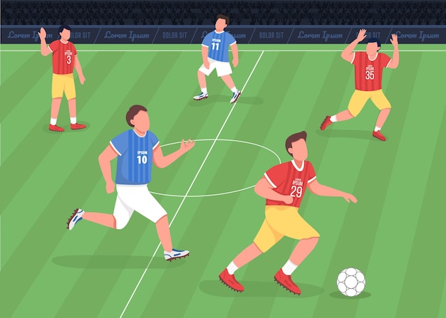 Plano de partido de fútbol. Adelante corriendo hacia el lado enemigo. Jugadores profesionales del equipo de fútbol Personajes de dibujos animados en 2D con un enorme estadio lleno de fanáticos gritando