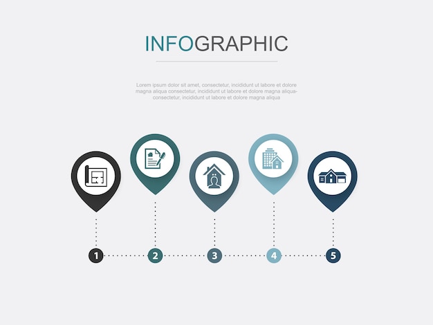 Plano de planta contrato de arrendamiento propiedad propietario tipo de propiedad iconos de propiedad residencial plantilla de diseño infográfico concepto creativo con 5 pasos