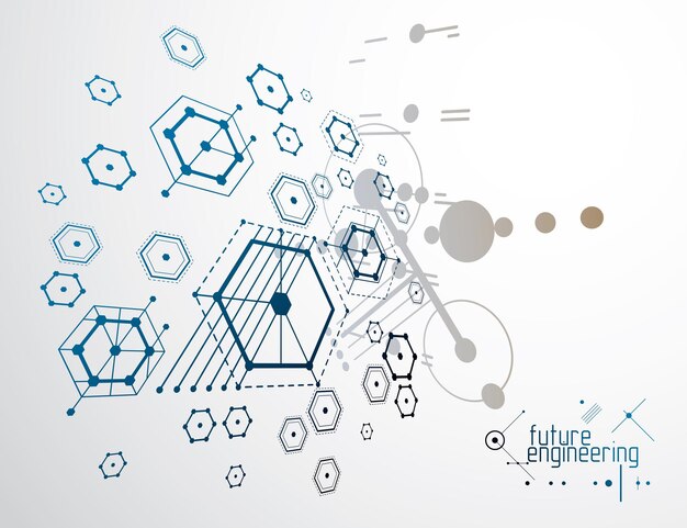Plano técnico, anteproyecto de ingeniería abstracta para uso en diseño gráfico y web. Dibujo vectorial del sistema industrial creado con hexágonos, líneas y círculos.