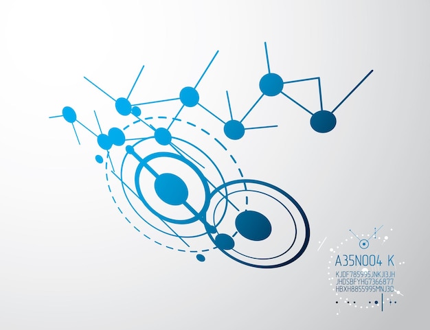 Plano técnico, anteproyecto de ingeniería abstracta para uso en diseño gráfico y web. Dibujo vectorial del sistema industrial creado con líneas y círculos. Ilustración gráfica artística.