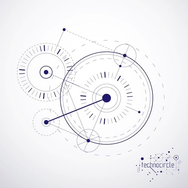 Plano técnico, anteproyecto de ingeniería abstracta para uso en diseño gráfico y web. Dibujo vectorial del sistema industrial creado con líneas y círculos.