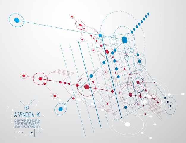 Plano técnico, anteproyecto de ingeniería abstracta para uso en diseño gráfico y web. dibujo vectorial del sistema industrial creado con líneas y círculos.