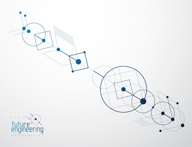 Plano técnico, anteproyecto de ingeniería abstracta para uso en diseño gráfico y web. Dibujo vectorial del sistema industrial creado con líneas y círculos.