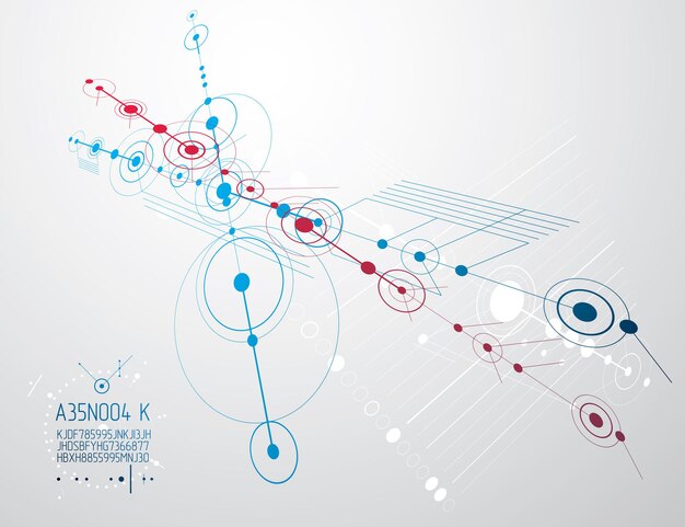 Plano técnico, anteproyecto de ingeniería abstracta para uso en diseño gráfico y web. Dibujo vectorial del sistema industrial creado con líneas y círculos.