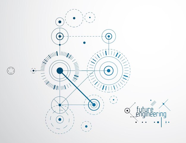Plano técnico, anteproyecto de ingeniería abstracta para uso en diseño gráfico y web. Dibujo vectorial del sistema industrial creado con líneas y círculos.
