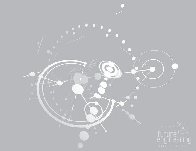 Plano técnico, anteproyecto de ingeniería abstracta para uso en diseño gráfico y web. Dibujo vectorial del sistema industrial creado con líneas y círculos.