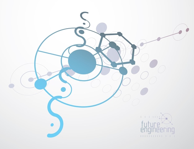 Plano técnico, anteproyecto de ingeniería abstracta para uso en diseño gráfico y web. Dibujo vectorial del sistema industrial creado con líneas y círculos.