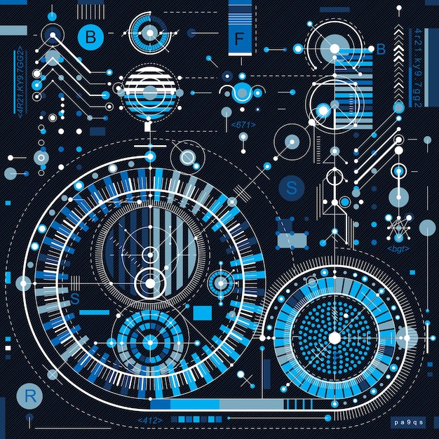 Plano técnico, anteproyecto de ingeniería. Dibujo vectorial de sistema industrial con piezas mecánicas, para uso en diseño gráfico y web.