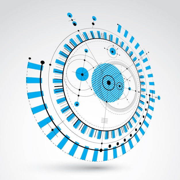 Plano técnico, fondo digital vectorial azul con elementos de diseño geométrico, círculos. ilustración 3d del sistema de ingeniería, telón de fondo tecnológico abstracto de perspectiva.