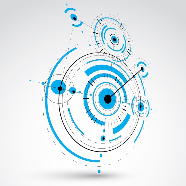 Plano técnico, fondo digital vectorial azul con elementos de diseño geométrico, círculos. Ilustración 3d del sistema de ingeniería, telón de fondo tecnológico abstracto de perspectiva.