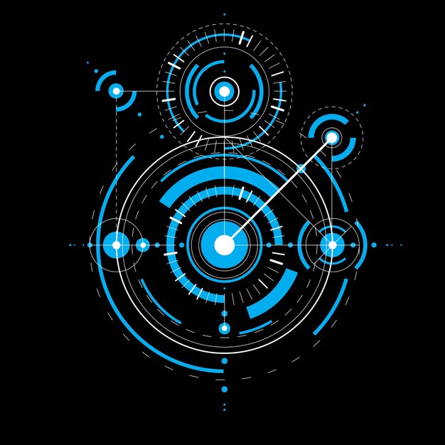 Plano técnico, fondo digital vectorial azul con elementos de diseño geométrico, círculos. Ilustración del sistema de ingeniería, telón de fondo tecnológico abstracto.