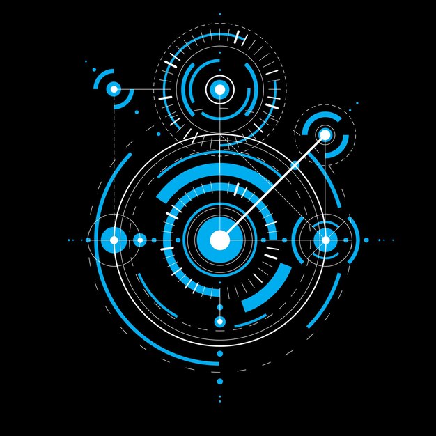 Plano técnico, fondo digital vectorial azul con elementos de diseño geométrico, círculos. ilustración del sistema de ingeniería, telón de fondo tecnológico abstracto.