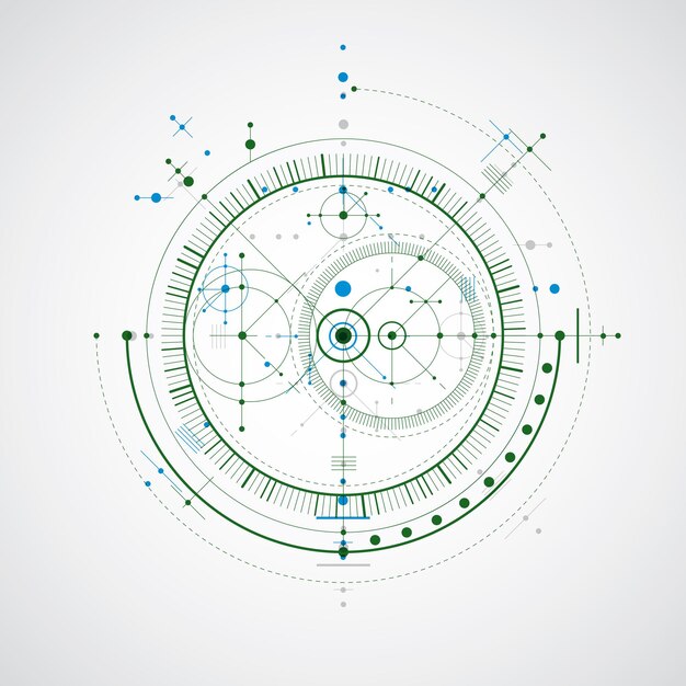 Plano técnico, fondo digital vectorial colorido con elementos de diseño geométrico, círculos. Ilustración del sistema de ingeniería, telón de fondo tecnológico abstracto.