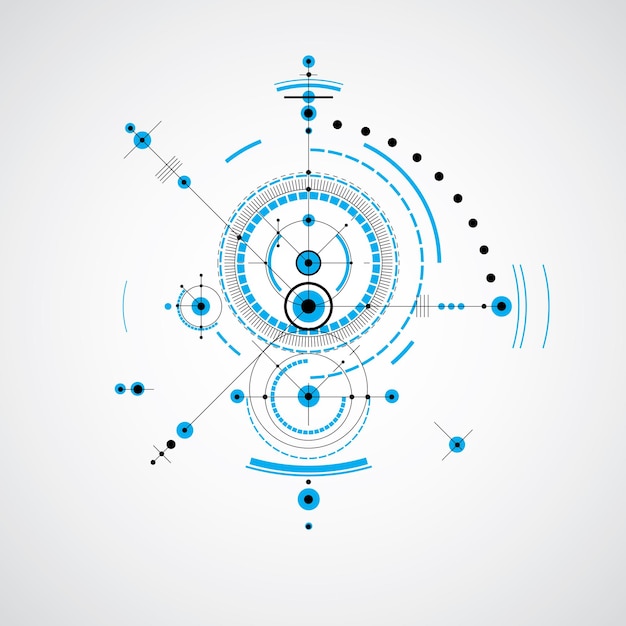 Plano técnico, fondo digital vectorial con elementos de diseño geométrico, círculos. Ilustración del sistema de ingeniería, telón de fondo tecnológico abstracto en color azul.