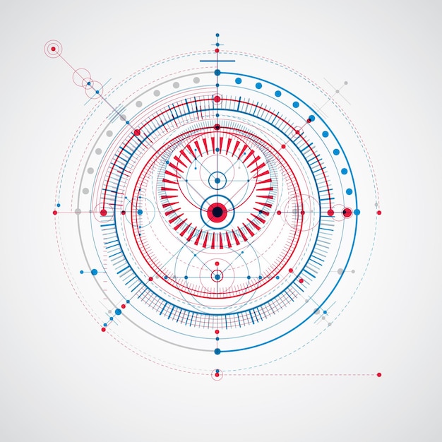Plano técnico, fondo digital vectorial con elementos de diseño geométrico, círculos. Ilustración del sistema de ingeniería, telón de fondo tecnológico abstracto.