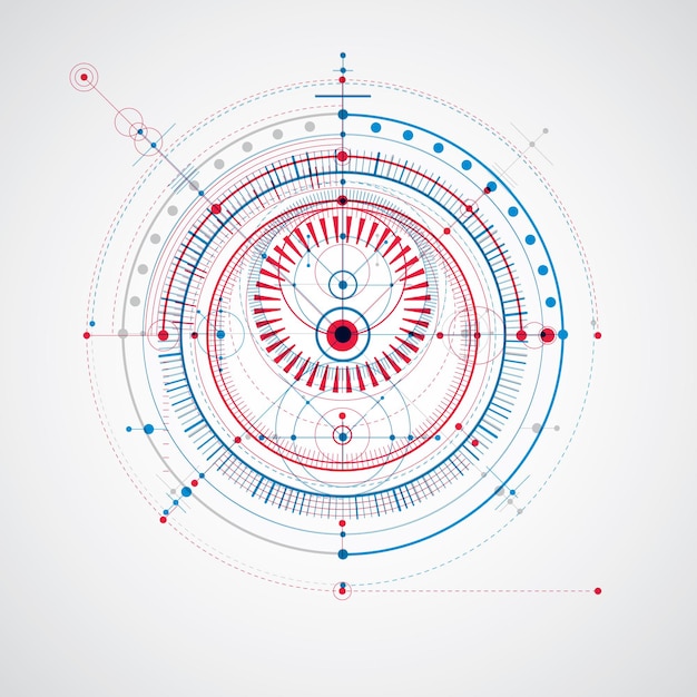 Plano técnico, fondo digital vectorial con elementos de diseño geométrico, círculos. ilustración del sistema de ingeniería, telón de fondo tecnológico abstracto.