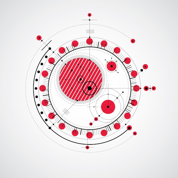 Plano técnico, fondo digital vectorial rojo con elementos de diseño geométrico, círculos. Ilustración del sistema de ingeniería, telón de fondo tecnológico abstracto.