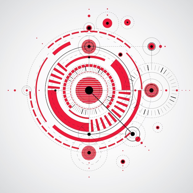 Plano técnico, fondo digital vectorial rojo con elementos de diseño geométrico, círculos. Ilustración del sistema de ingeniería, telón de fondo tecnológico abstracto.