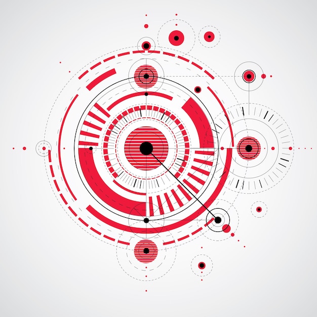 Plano técnico, fondo digital vectorial rojo con elementos de diseño geométrico, círculos. ilustración del sistema de ingeniería, telón de fondo tecnológico abstracto.