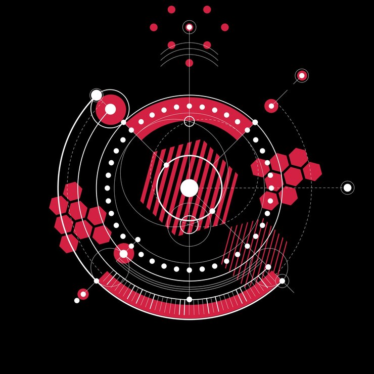 Vector plano técnico, fondo digital vectorial rojo con elementos de diseño geométrico, círculos. ilustración del sistema de ingeniería, telón de fondo tecnológico abstracto.