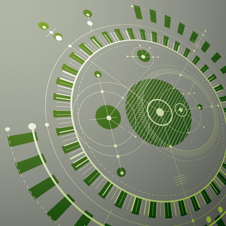 Vector plano técnico, fondo digital vectorial verde con elementos de diseño geométrico, círculos. ilustración 3d del sistema de ingeniería, telón de fondo tecnológico abstracto de perspectiva.