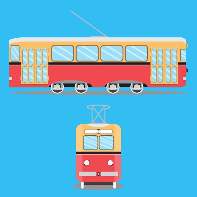 Vector plano de tranvía retro tren en metro de tranvía y tranvía antiguo aislado sobre fondo azul