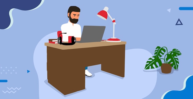 plano vectorial de un hombre que trabaja con una computadora en su escritorio