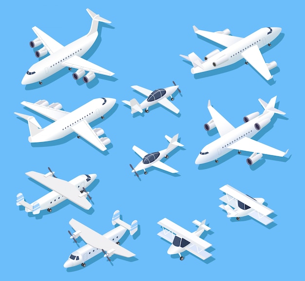 Planos isometricos. Aviones jet privados, aviones y aviones. Conjunto aéreo 3d