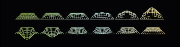 Planos vectoriales con líneas de degradado. Cuadrícula de líneas curvas y torcidas sobre un fondo negro. Arcoíris.