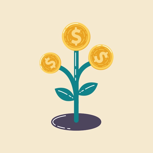 Planta de árbol de dinero de crecimiento con moneda dólar Inversión financiera stock comercial para negocios Ilustración vectorial