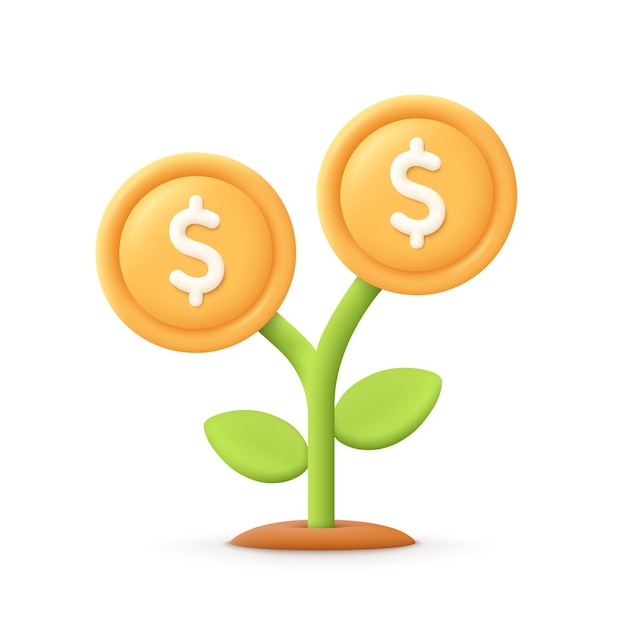 Planta de árbol de dinero con moneda dólar Negocio beneficio inversión finanzas educación negocio ingresos negocio desarrollo concepto 3d vector icono Dibujos animados estilo minimalista