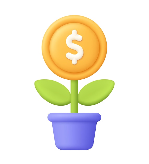 Planta de árbol de dinero con moneda dólar en la olla Crecimiento financiero icono vectorial 3D estilo minimalista de dibujos animados