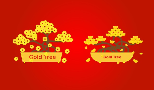 Vector planta de árbol imagen de oro concepto de abundancia riquezabuena fortuna en fondo rojo diseño vectorial