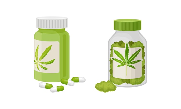 Planta de cannabis seca en frasco con etiqueta y conjunto de vectores de cápsulas