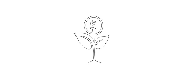 Planta de dinero en un dibujo de línea continua Símbolo de árbol de moneda creciente y concepto de aumento de inversión financiera en estilo lineal simple Trazo editable Doodle Vector ilustración