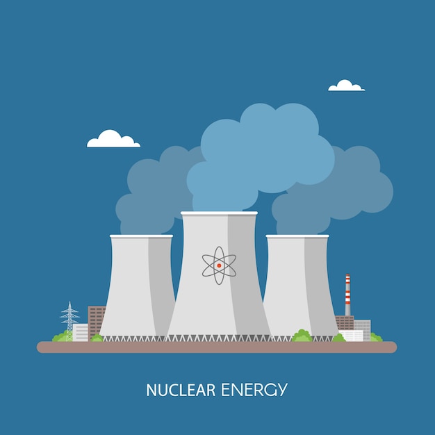 Planta de energía nuclear y fábrica. concepto industrial de energía nuclear.  ilustración de estilo plano. | Vector Premium