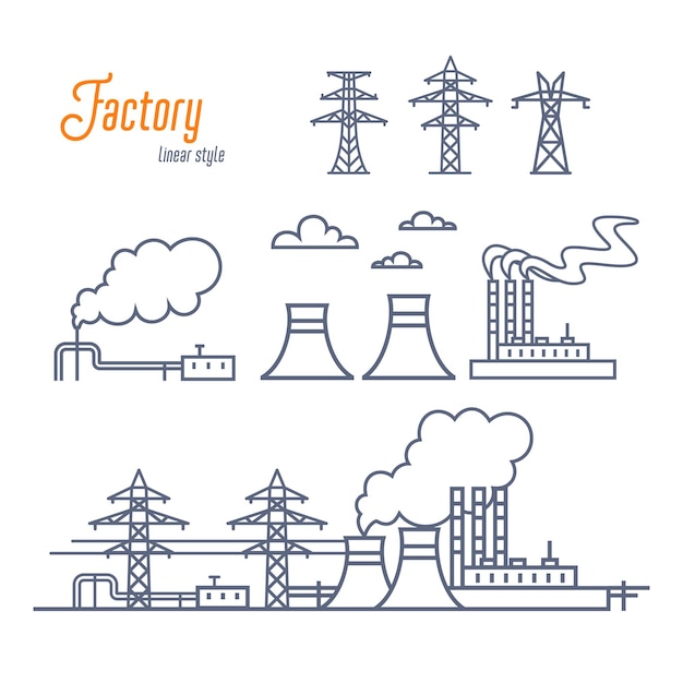 Vector planta de energía o conjunto de fábrica industrial