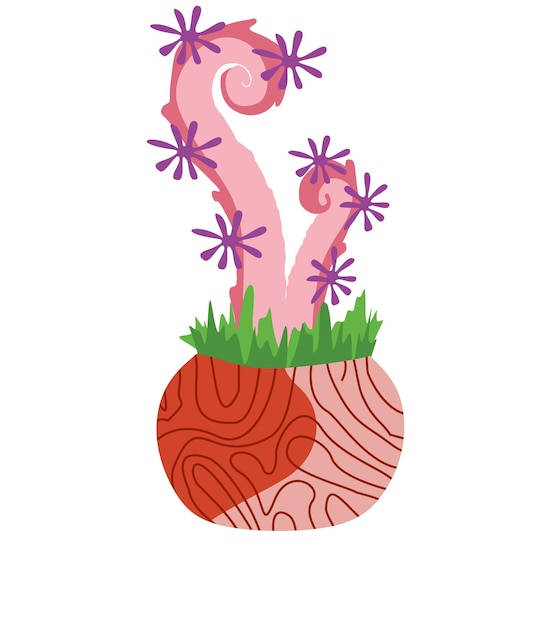 Planta de fantasía en maceta Elemento para juego con plantas alienígenas con tentáculo aislado sobre fondo blanco Creatura monstruosa de organismo rosa con tentáculos Diseño de arte para cartel de libro