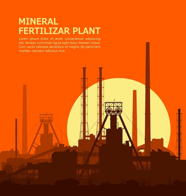 Planta de fertilizantes minerales al atardecer