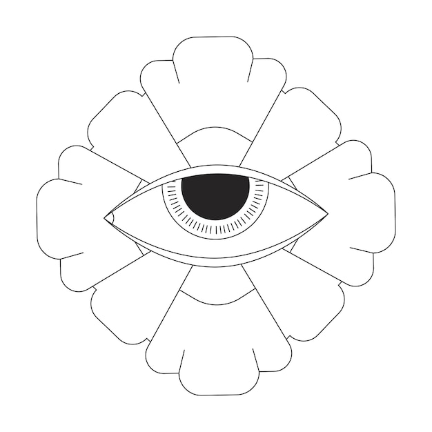 Planta con flores con globo ocular en blanco y negro 2D línea objeto de dibujos animados flor enigmática flor imaginación espiritual contorno vectorial aislado elemento ilustración de punto plano monocromático de fantasía