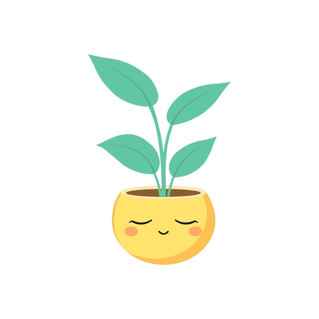 Una planta frondosa con dos grandes hojas de color verde azulado que crece de una olla amarilla en forma de bulbo con un relajado