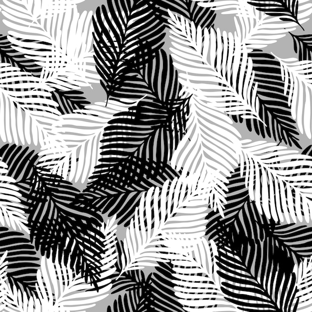 Planta de hoja de palma tropical de patrones sin fisuras. Fondo blanco y negro abstracto. Concepto de diseño textil de tela de moda