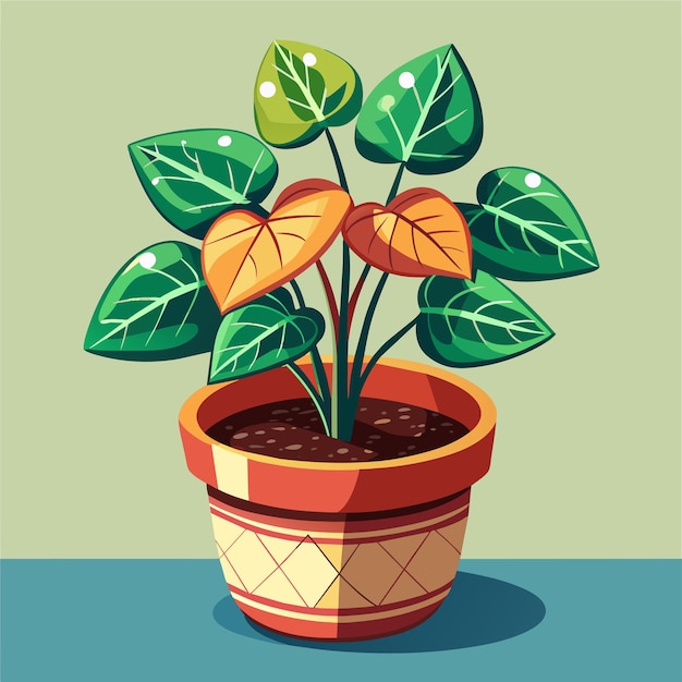 Vector una planta con hojas verdes y hojas de naranja en una olla