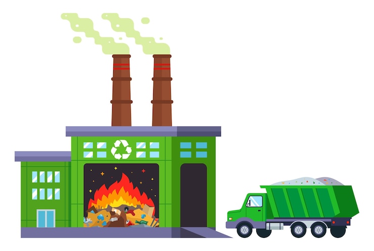 Vector planta incineradora de residuos. el camión entrega basura sin clasificar para su reciclaje. ilustración vectorial plana.