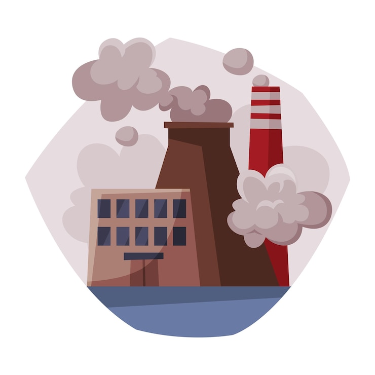 Vector planta industrial contaminante que emite humo a través de las chimeneas problema ecológico contaminación del medio ambiente