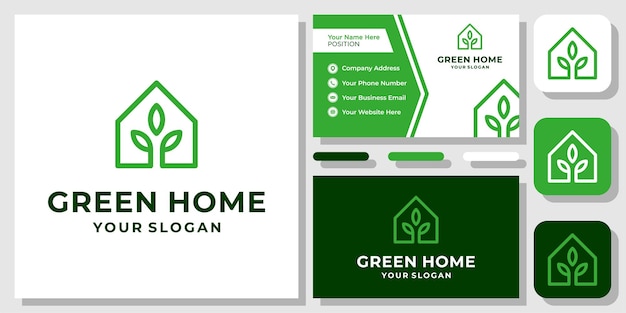 Planta Inicio Hoja Casa Naturaleza Edificio Árbol Diseño de logotipo verde orgánico con plantilla de tarjeta de visita